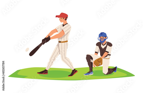 Baseball batter and catcher players flat vector illustration isolated.
