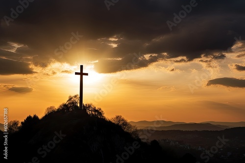 God's Symbol of Faith: A Cross Against a Mountain Sunset Sky, Generative AI