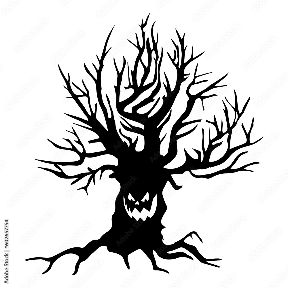 Obraz premium dry tree silhouette Ghost tree with scary devil face for Halloween card decoration