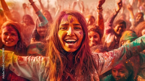 Celebrating Holi color festival. Generative AI