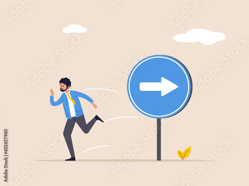 Wrong direction concept. Leadership decision to be difference or opposite lead to mistake. Mislead or false to get lost. Confused businessman running in wrong opposite direction of trend arrow.