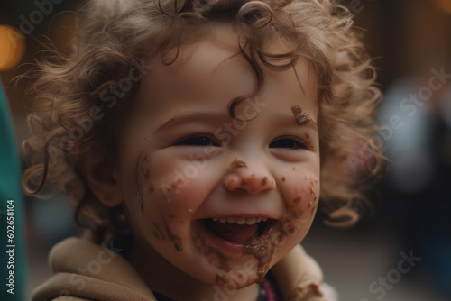  Messy Eaters. A toddler laughing and enjoying while eating and getting all messy. Joyful and adorable messy mealtimes concept. AI Generative