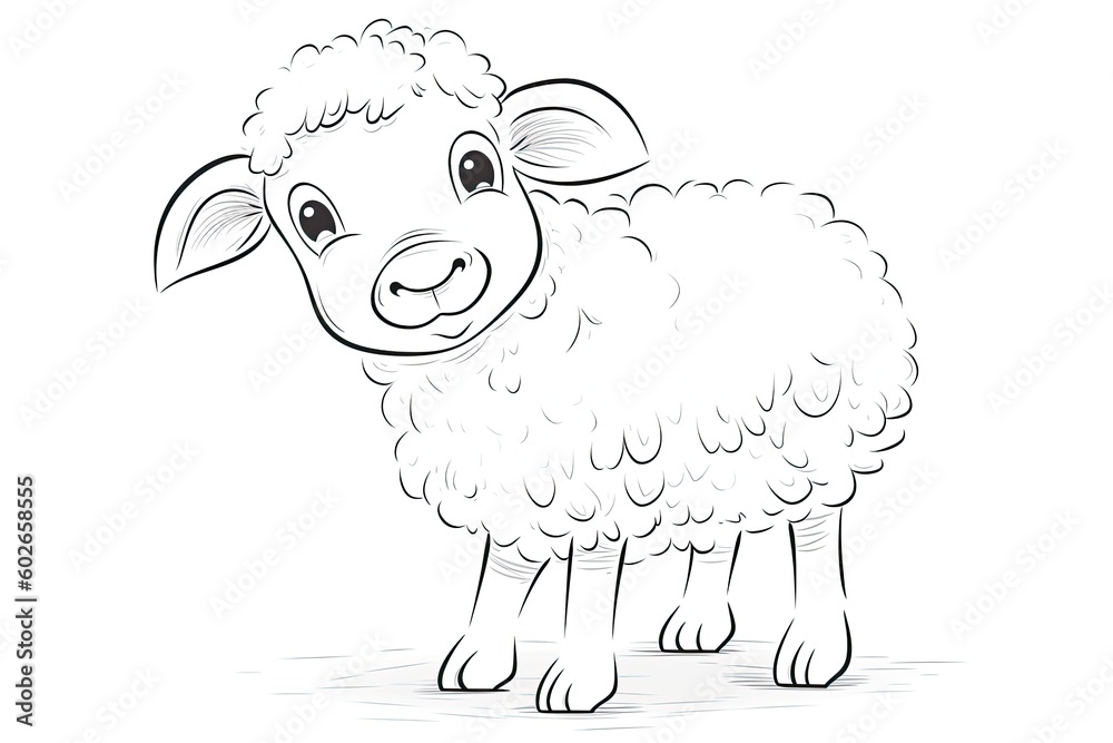 The character of a little sheep on a white background for coloring. Generative ai.