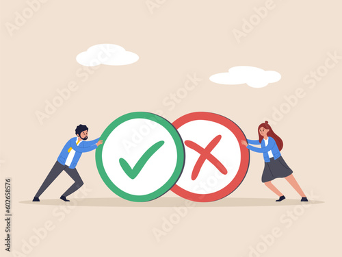 Do and dont concept. Pros and cons, negative vs positive, comparison or advice article, yes or no, good or bad idea. Business people holding big pros and cons, right and wrong symbols. Flat vector.