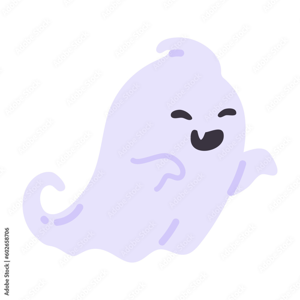 Cartoon ghost in white robe floating Haunt and scare people on Halloween night.
