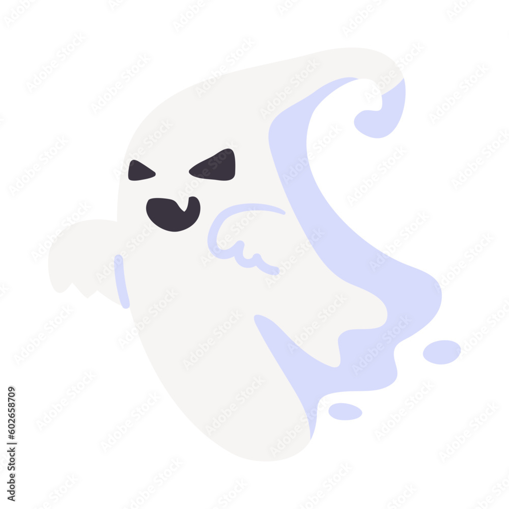 Cartoon ghost in white robe floating Haunt and scare people on Halloween night.