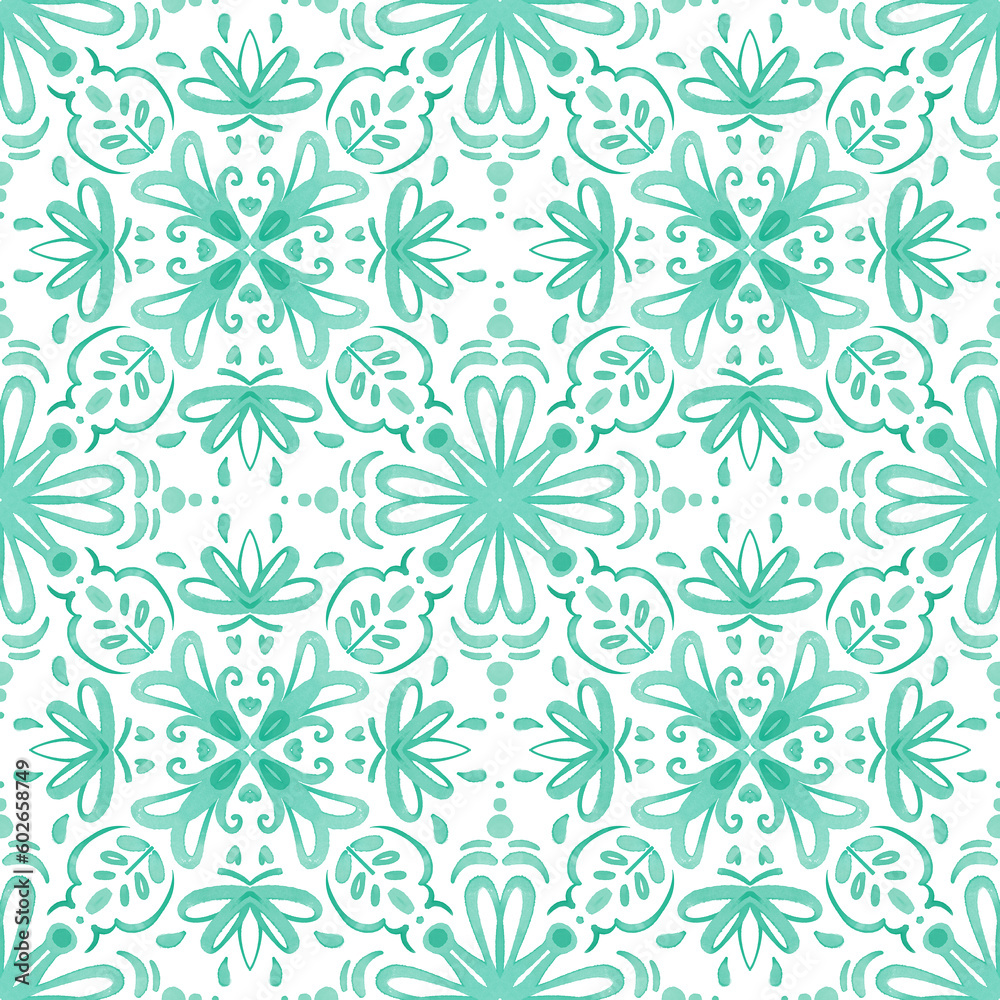 Green Watercolour Ornament Tile. Large Format. Green Watercolour Ornament Tile. Large Format.