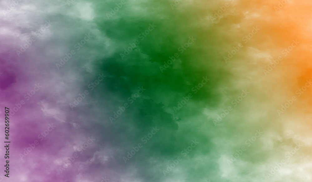 Top view, Abstract blurred motion smoke dark painted orange green purple texture background for graphic design, fog backdrop, wallpaper, illustration, card, rainbow