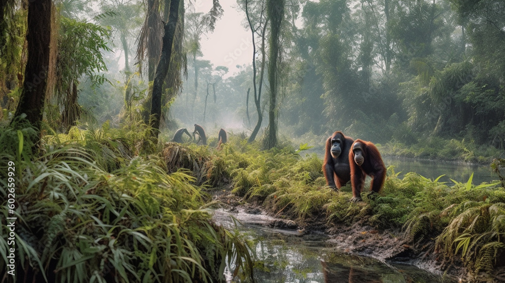 Orangutans in a field of grass Orangutans in a field of grass