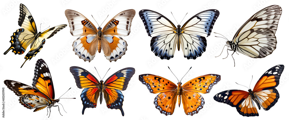 Butterfly Butterflies, many angles and view frontal side head shot isolated on white background cutout. PNG file Butterfly Butterflies, many angles and view frontal side head shot isolated on white background cutout. PNG file