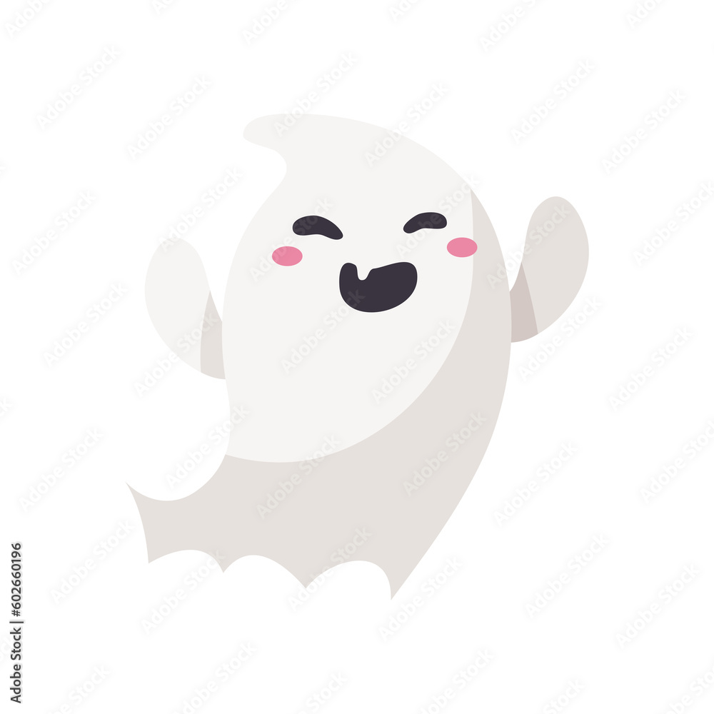 Cartoon ghost in white robe floating Haunt and scare people on Halloween night.