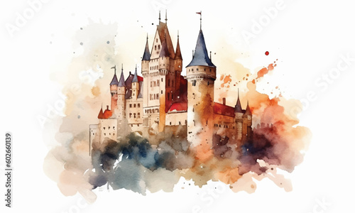 Colorful Castle painting Color watercolor painting Abstract background.