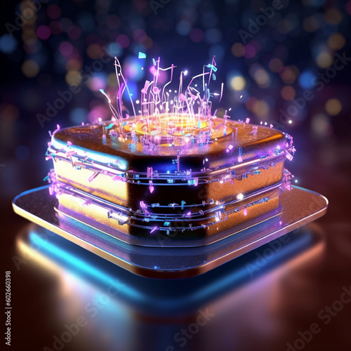 happy birthday celebration, birthday cake and digital technology background by generative AI. photo