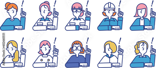 多種多様な職業の女性が閃いているシンプルなアイコンセットA