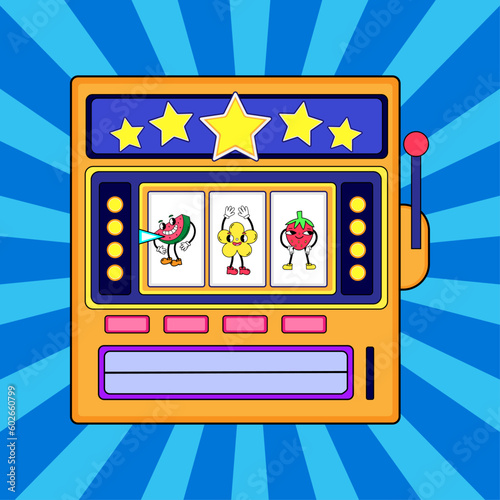 Cartoon retrowave slot mashine with funny cute characters. Retro casino illustration. Cartoon watermelon, daisy flower and strawberry. 