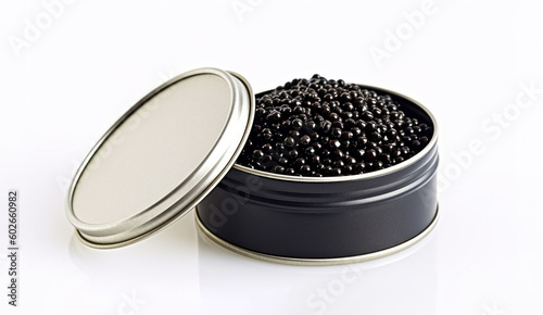 Black caviar in metal can. Generative AI.