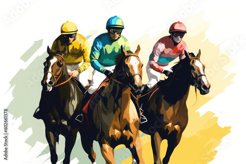 Fototapeta Jockeys riding on horses, color drawing