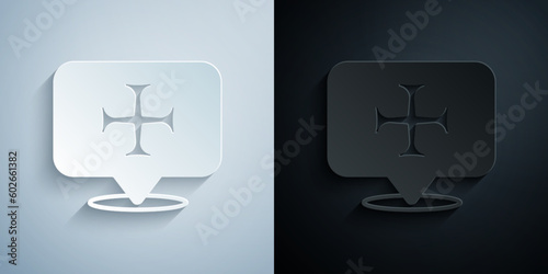 Paper cut Crusade icon isolated on grey and black background. Paper art style. Vector