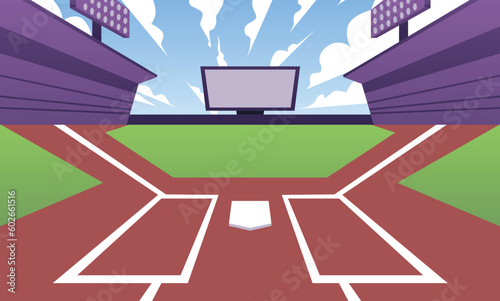 Empty baseball field with scoreboard and tribunes, cartoon flat vector illustration.