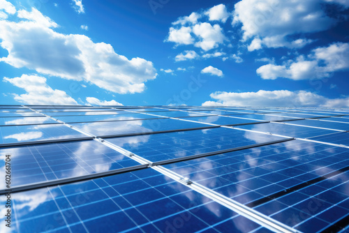 Solar panels under blue sky with sun. Generative AI. 