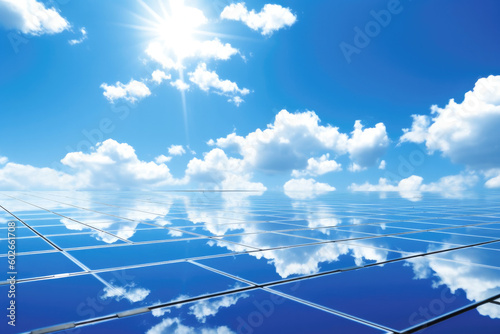 Solar panels under blue sky with sun. Generative AI. 