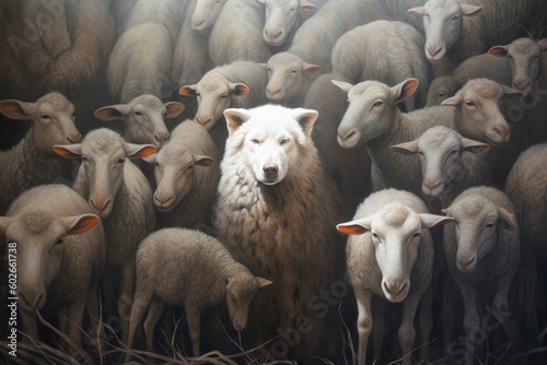 A wolf in sheep's clothing hiding among sheep. Generative AI. 