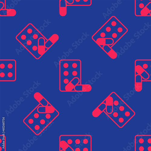 Red Sports doping, anabolic drugs with dumbbell icon isolated seamless pattern on blue background. Anabolic steroids tablet. Pills in jar. Vector