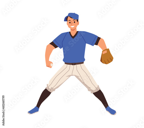 Fototapeta Naklejka Na Ścianę i Meble -  Standing baseball player with leather glove flat style, vector illustration