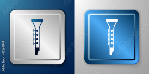 White Clarinet icon isolated on blue and grey background. Musical instrument. Silver and blue square button. Vector