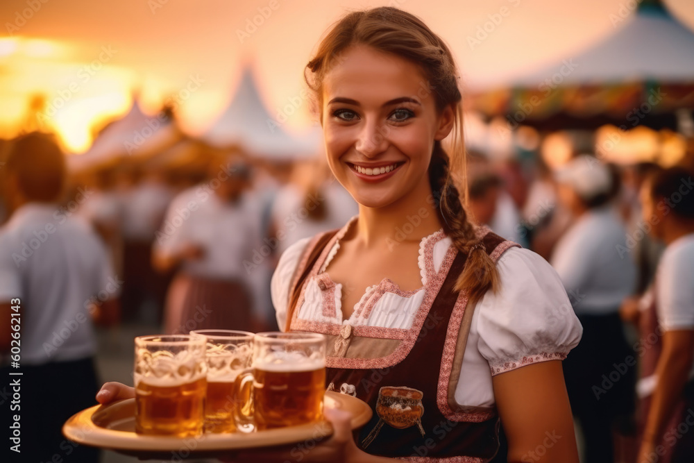 Oktoberfest Tradition. Beauty Waitress wearing traditional clothes and holding beers at the festival. Sunset. German culture and celebration concept. AI Generative Oktoberfest Tradition. Beauty Waitress wearing traditional clothes and holding beers at the festival. Sunset. German culture and celebration concept. AI Generative