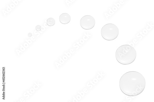Drops of transparent gel or water in the shape of a semi-circle, with decreasing size. On a white background.