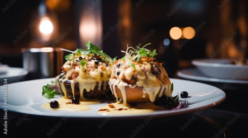Baked potatoes with cheese and mushrooms on a white plate in a restaurant. Generated AI