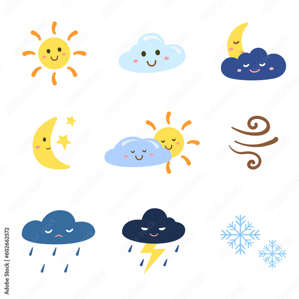 Set of cartoon weather for forecast. Emotional weather Set of cartoon weather for forecast. Emotional weather