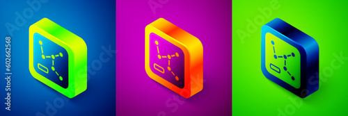 Isometric Railway map icon isolated on blue, purple and green background. Square button. Vector