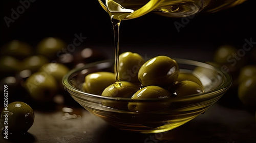 Olive oil and delicious olives on black background. Based on Generative AI