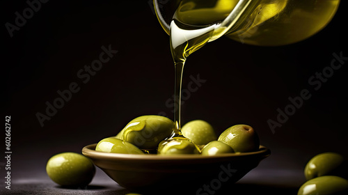 Olive oil and delicious olives on black background. Based on Generative AI