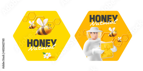 Set of honey jar labels with grapgic design 3d illustration of beekeeper and bees, packaging design