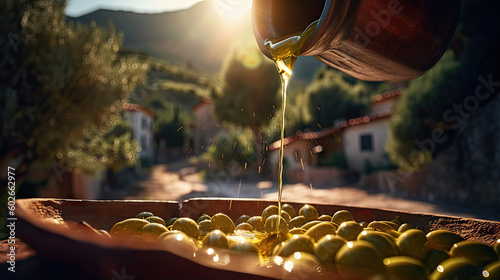 Vászonkép Olive oil and delicious olives on background of picturesque olive grove and mountain village