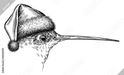 Vintage engraving isolated hummingbird set dressed christmas illustration ink humming santa costume sketch. Bird background colibri tropical silhouette new year hat art. Hand drawn vector image.