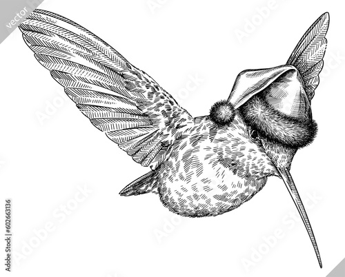 Vintage engraving isolated hummingbird set dressed christmas illustration ink humming santa costume sketch. Bird background colibri tropical silhouette new year hat art. Hand drawn vector image.