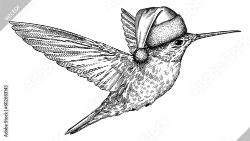 Vintage engraving isolated hummingbird set dressed christmas illustration ink humming santa costume sketch. Bird background colibri tropical silhouette new year hat art. Hand drawn vector image.