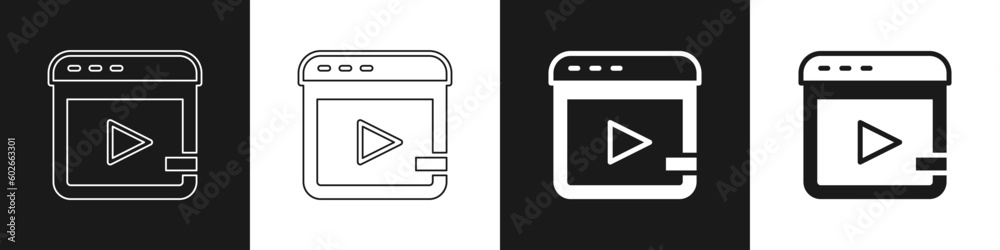 Set Video advertising icon isolated on black and white background. Concept of marketing and promotion process. Responsive ads. Social media advertising. Vector Set Video advertising icon isolated on black and white background. Concept of marketing and promotion process. Responsive ads. Social media advertising. Vector