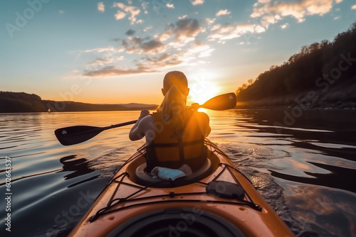 Serene Sunset Kayaking. Capture the breathtaking low-angle shot of a woman gracefully paddling her kayak at sunset AI Generative