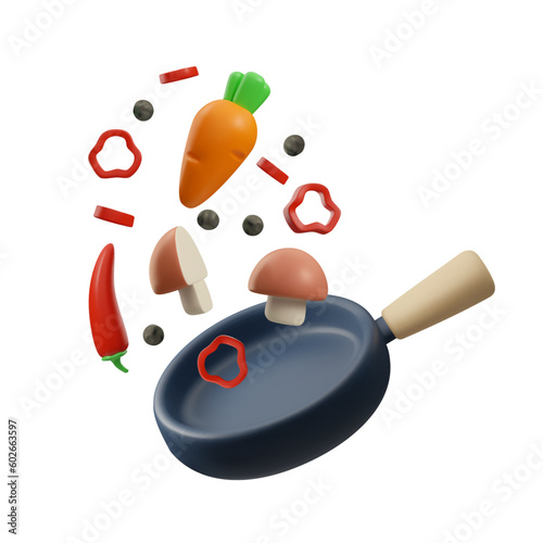Realistic frying pan with falling food ingredients 3D style, vector illustration