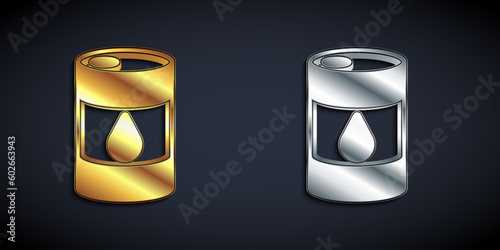 Gold and silver Barrel oil icon isolated on black background. Long shadow style. Vector