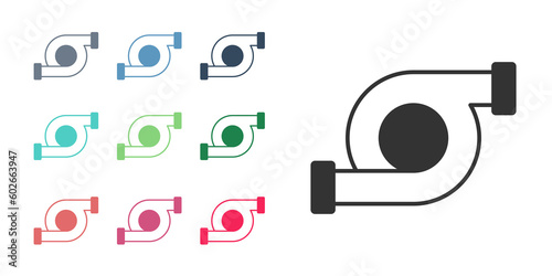 Black Automotive turbocharger icon isolated on white background. Vehicle performance turbo. Turbo compressor induction. Set icons colorful. Vector