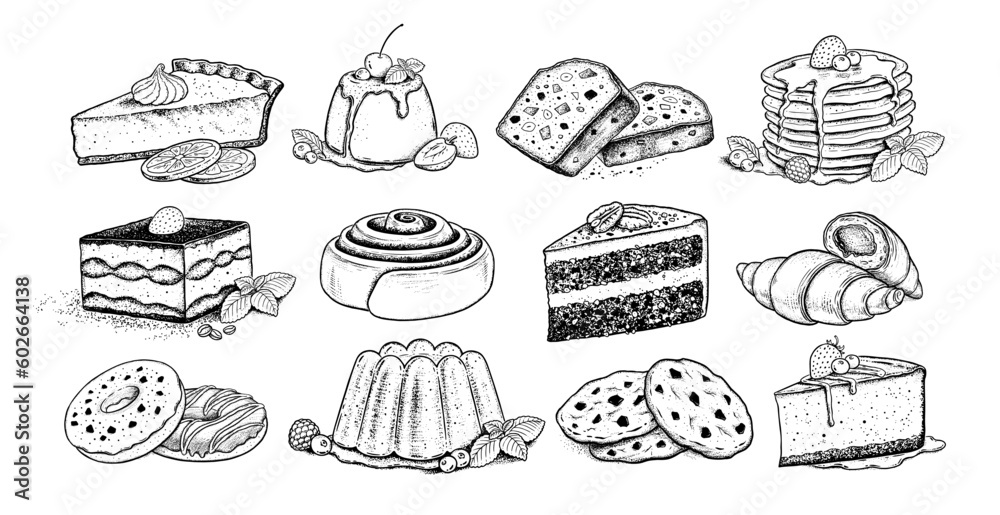 Vector sketchy illustrations set of desserts and sweet food - obrazy, fototapety, plakaty 