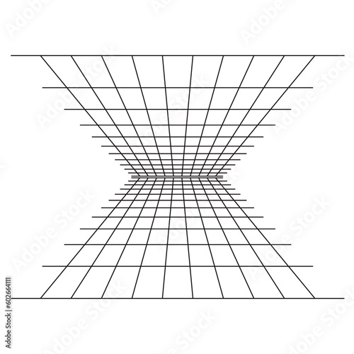 Cyber grid, retro punk perspective rectangular tunnel. Grid tunnel geometry on black background. Vector illustration