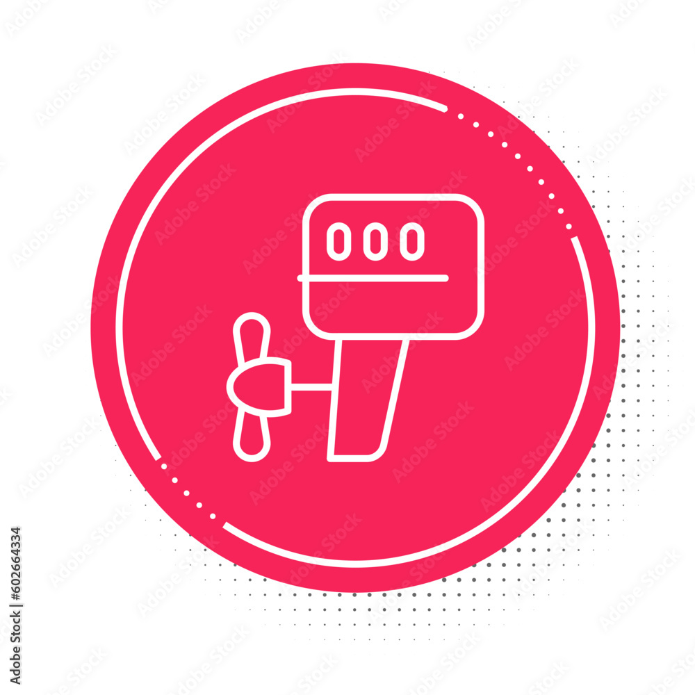White line Outboard boat motor icon isolated on white background. Boat engine. Red circle button. Vector