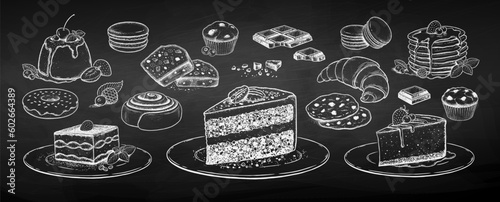 Vector chalk drawn sketchy illustrations set of desserts and sweet food on chalkboard background